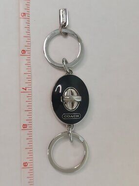 Vintage Coach Turnlock Valet Keychain Black Enamel Silver Dual Fob Key Ring Rare